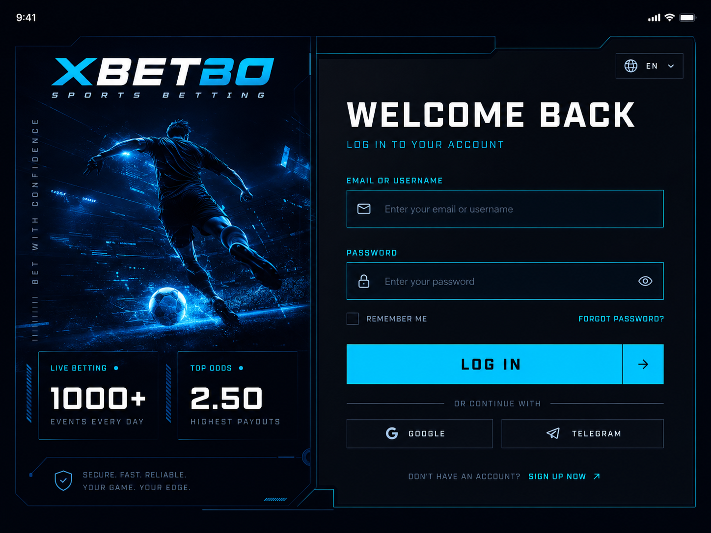 Interfaz de Login 1xBet